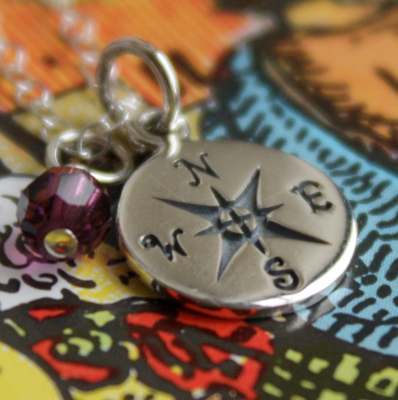 Compass Necklace - Personalized Graduation Gift . Sterling Silver Compass Pendant . Birthstone Necklace
