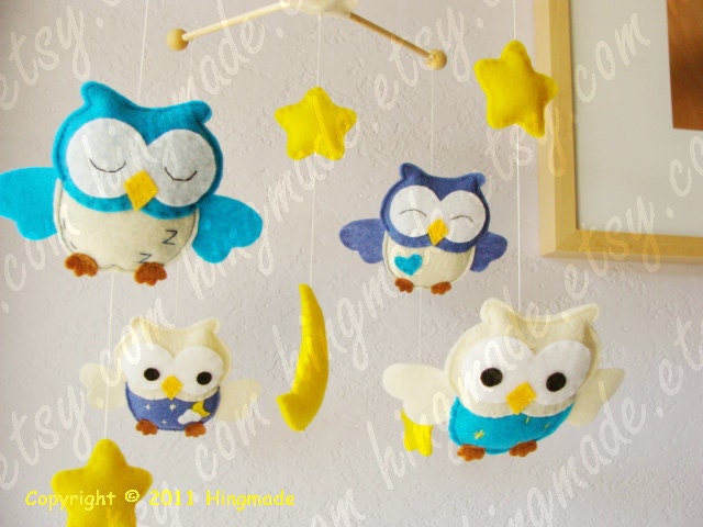Baby Mobile - Nursery Mobile - Felt Mobile - Modern Mobile - Bird Owl Mobile - Blue Owls in a Yellow starry night(U can pick your colors)