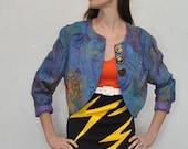 Blue abstract floral Crop rayon Jacket with big Sand dollar buttons