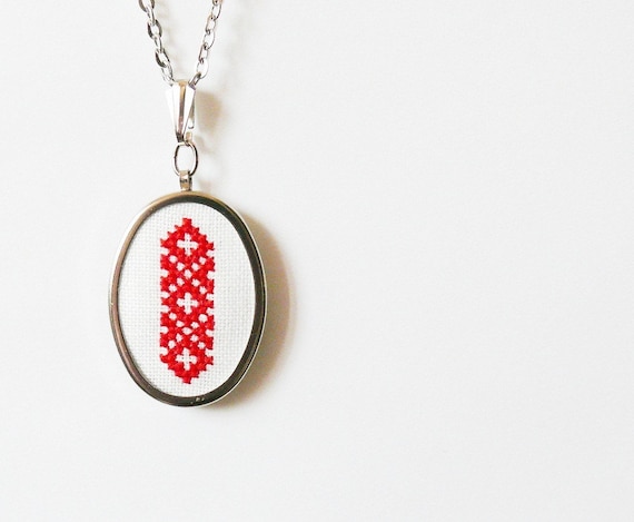 Hand embroidered necklace Ukrainian ornament in red color