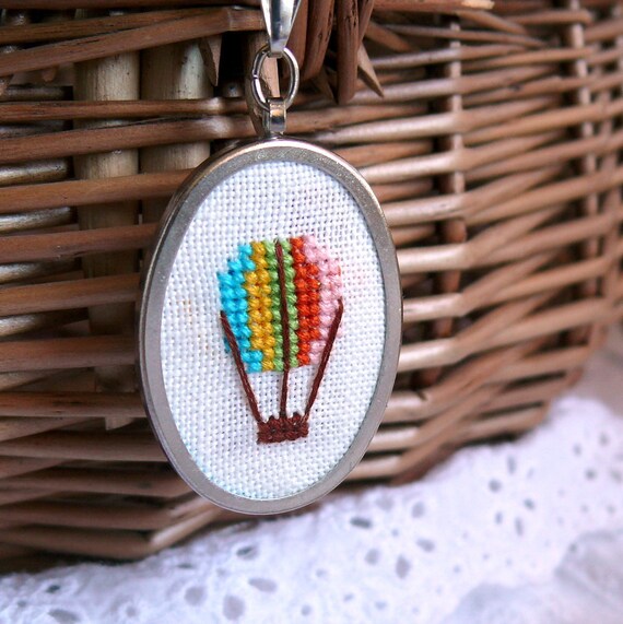 Hand embroidered necklace Hot air Balloon