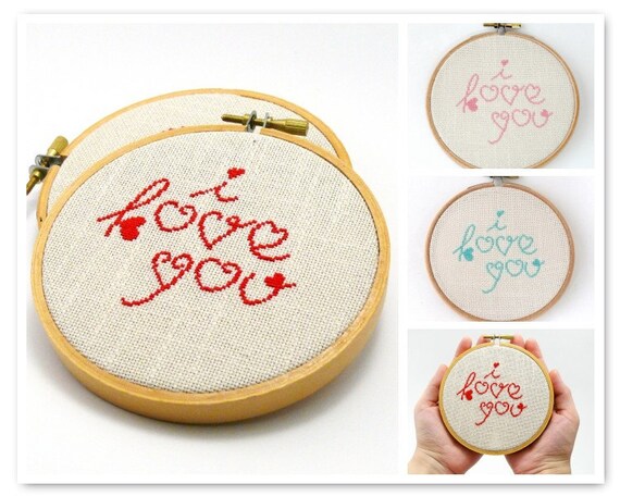 Custom color Cross stitch in wooden hoop I love you