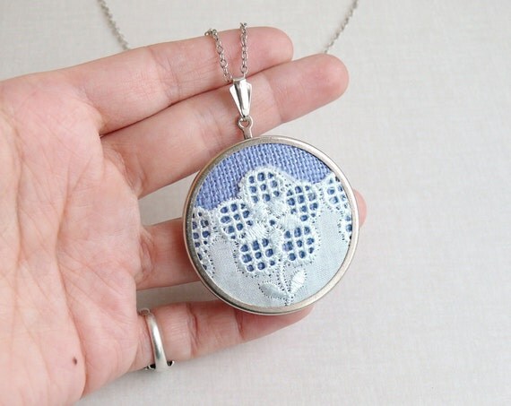 Lace necklace with pale blue floral lace in vintage style - gift for her