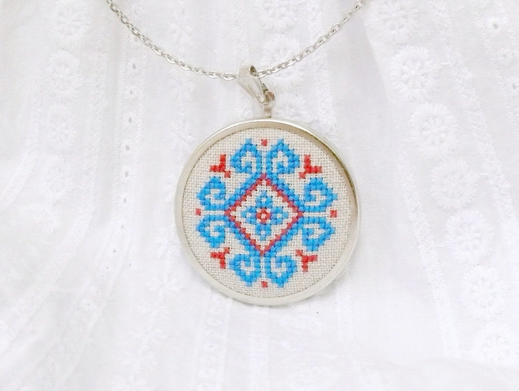 Cross stitch necklace blue and red ethnic ornament
