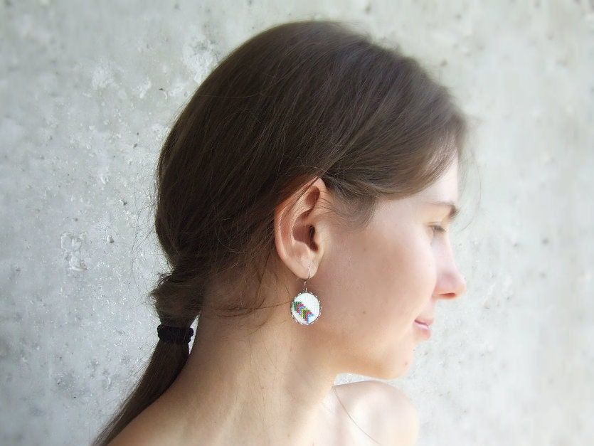Hand embroidered earrings Geometrical arrows with surgical steel ear wires