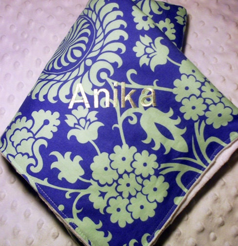 Monogrammed Baby Blanket - Amy Butler Love Bali Gate Periwinkle fabric