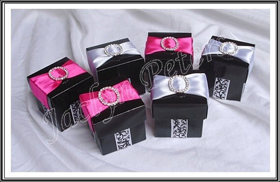 36 Black White Damask Hot Pink ,Rhinestone Buckle Wedding, Shower Favor Box