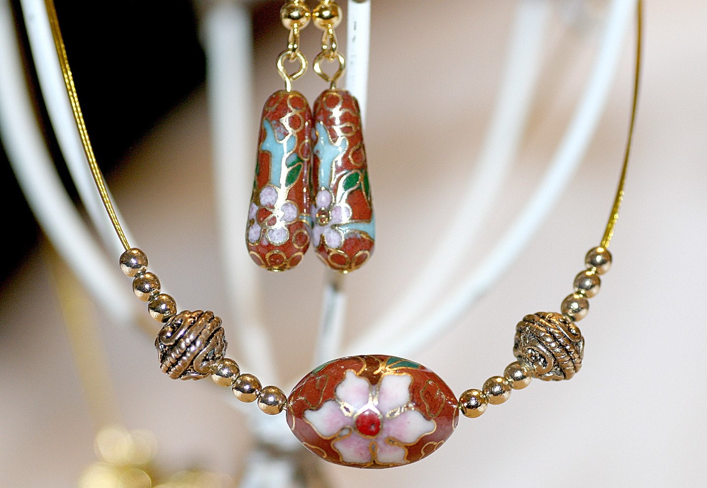 Recycled Red and Pink Cloisonne Flower Bead Necklace and Earrings
