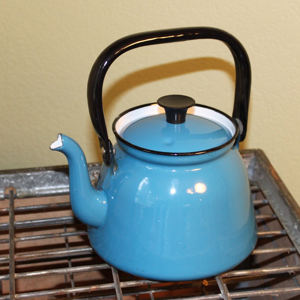 Enamel Kettle, Sky blue with black accents, white interior 16cm