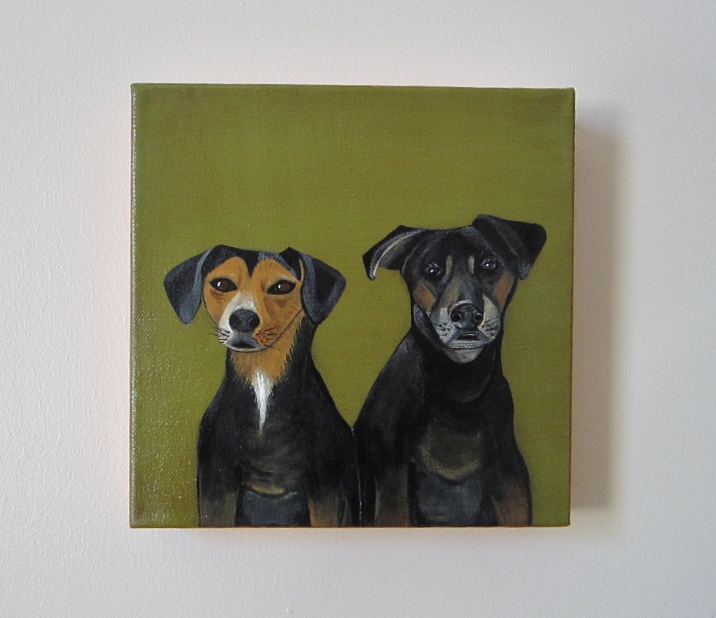 Duo Custom Portrait l dog portrait l original painting l 8x8 pet portrait personalized puppy modern canvas green black red tile studio