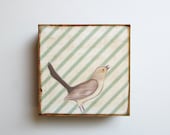 Mockingbird with Green Stripes 5x5 art block on wood nature bird pattern gray red tile studio
