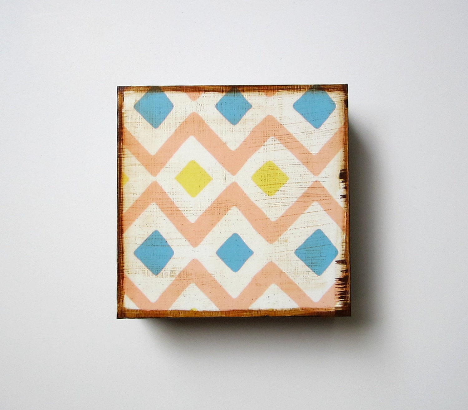 Modern Wall Decor l Art Block l Tribal Diamond Southwest Geometric  5x5 wood block blue gray pink yellow tribal pastel redtilestudio