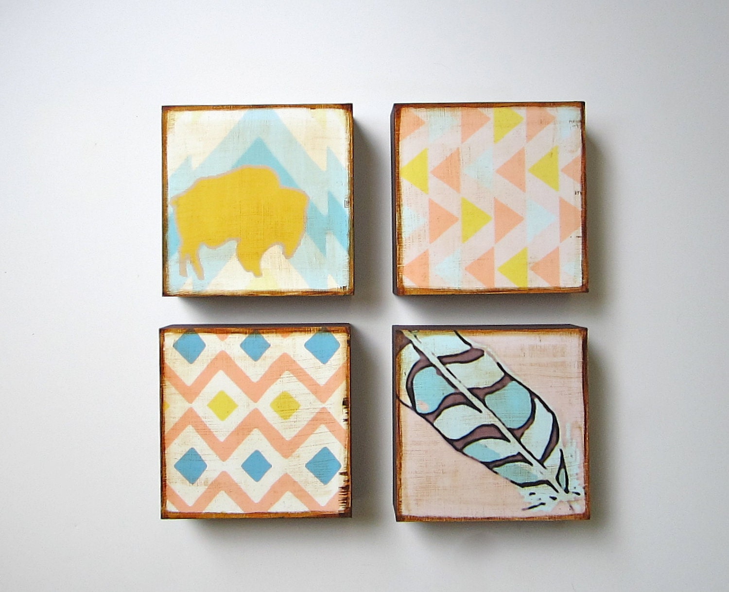 Wall Decor art block Set l Southwestern Geometric (4) 5x5 wood block modern home decor  geometric pattern pastel redtilestudio