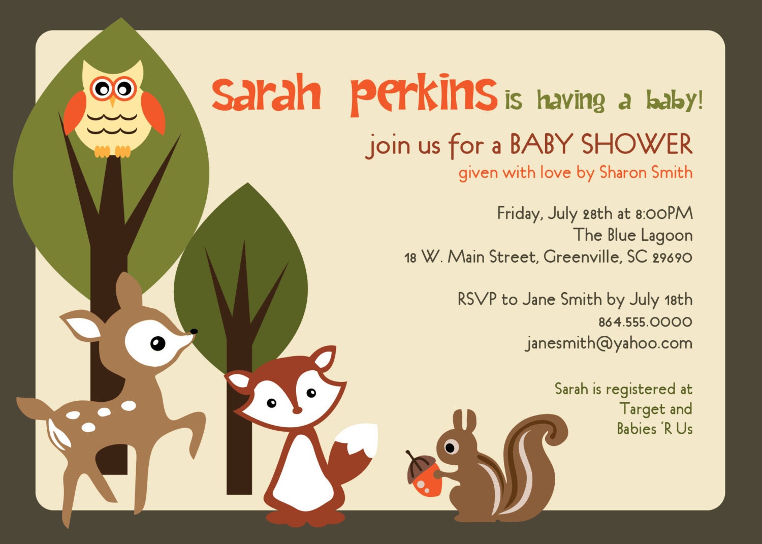Printable Baby Shower Invitation, Woodland Animals Creatures Forest, Custom Unisex Deer, Owl, Squirrel, Fox, DIY digital tan