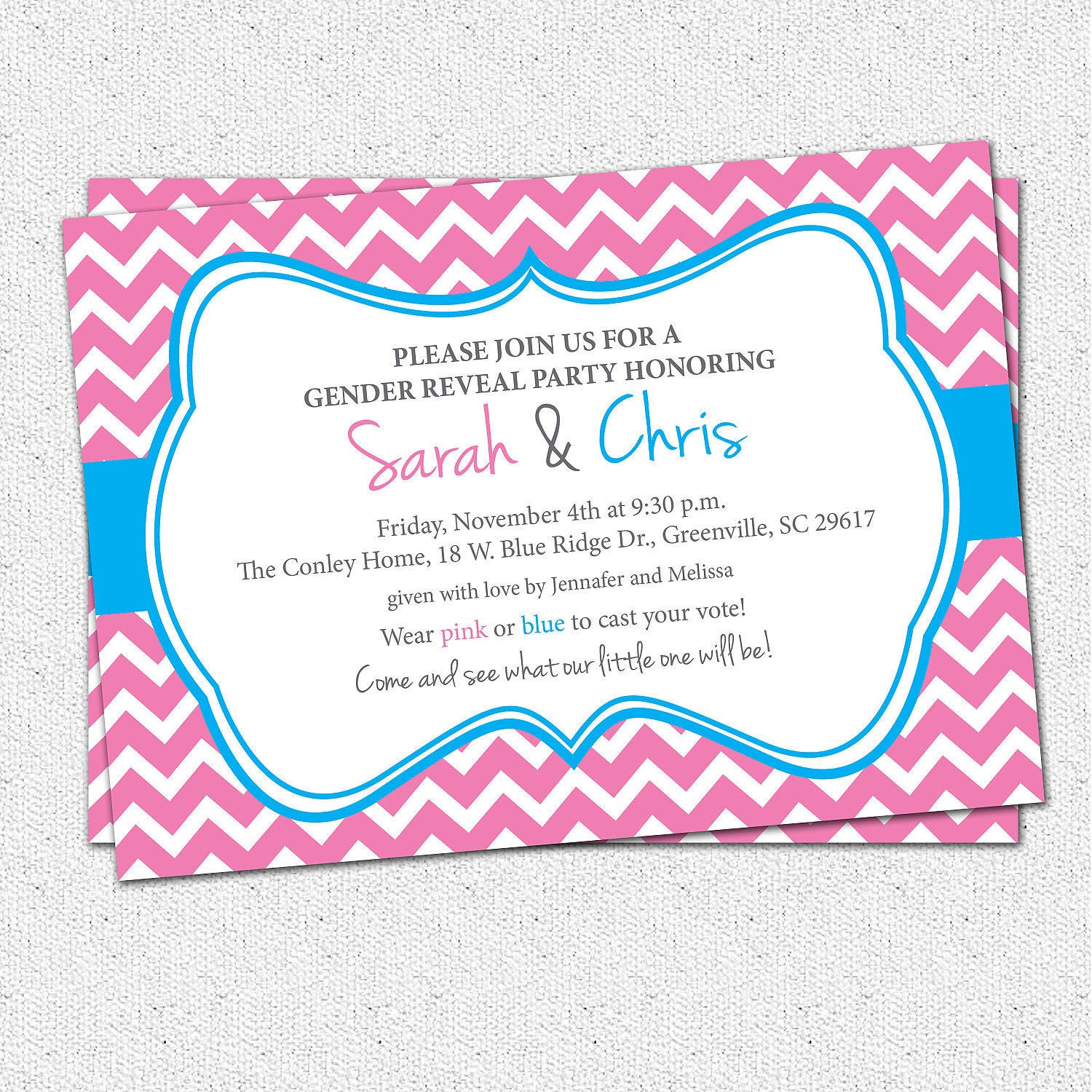 Baby Shower Invitation Printable, Gender Reveal or Neutral, Chevron Stripes, Unisex, Pink Blue DIY Digital File