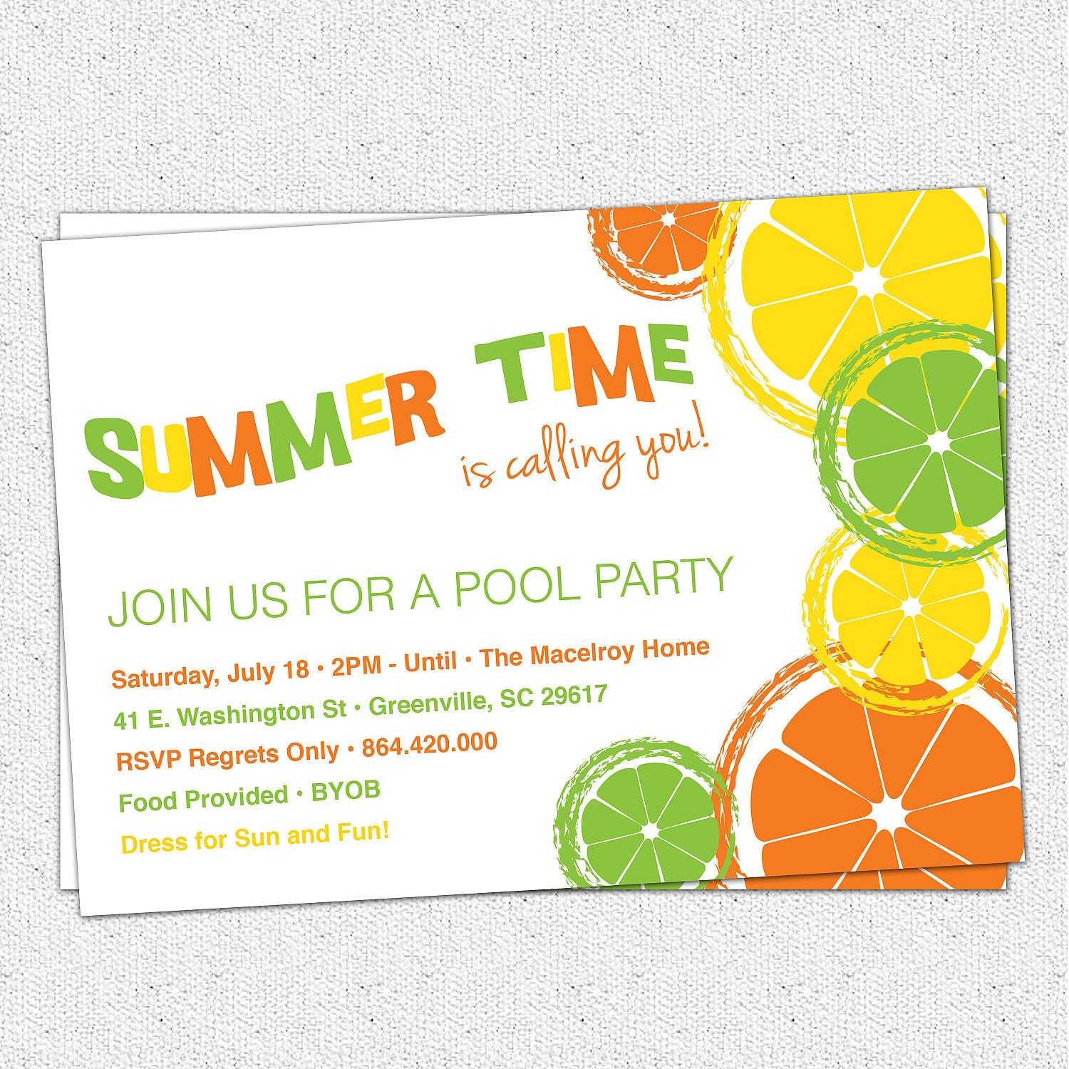 Citrus Invitation, Summer, Pool Party, Lemon, Lime, Orange, Birthday, BYOB,  Printable  DIY digital file