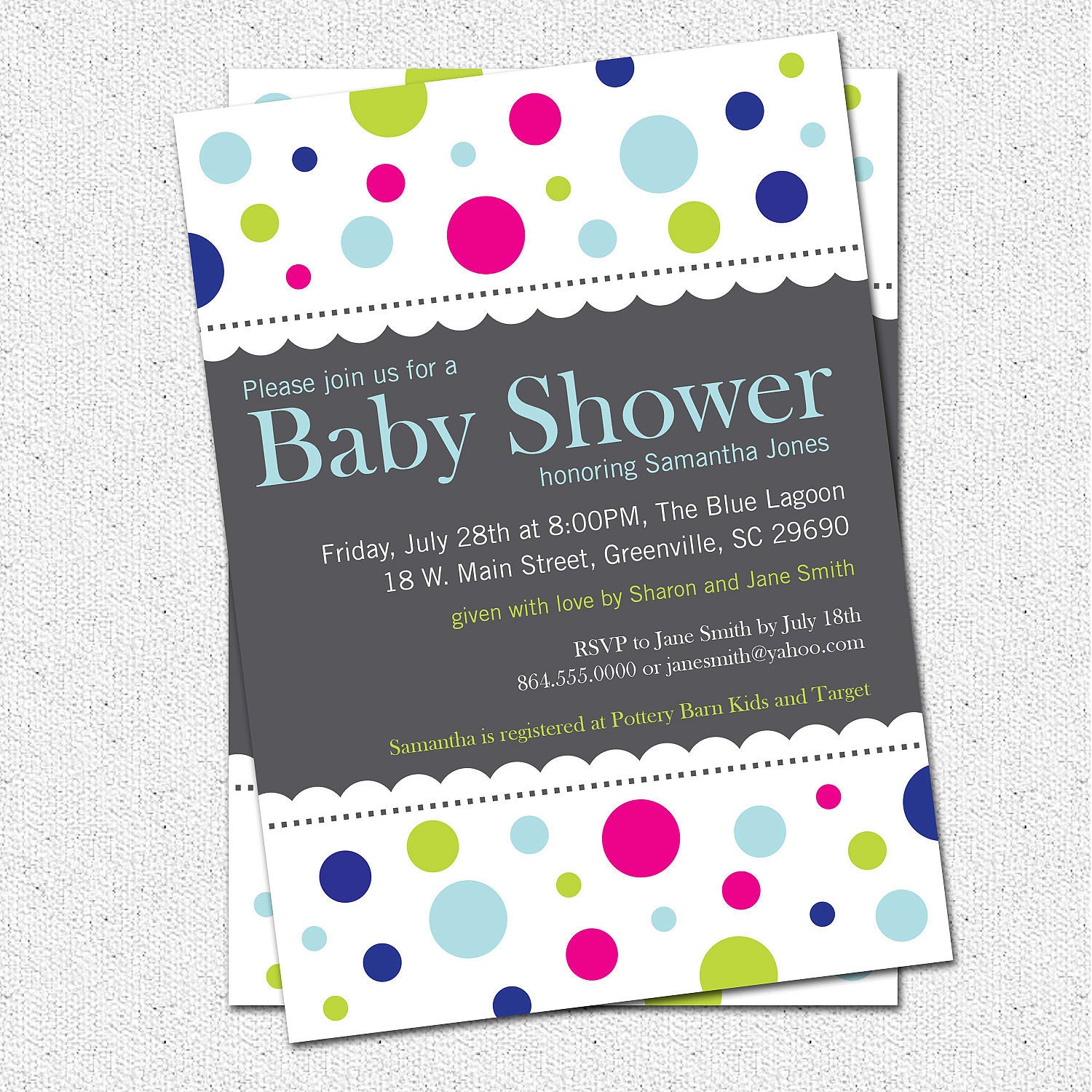 Baby Shower Invitation, Printable, Mod Dots, Boy or Girl Gender Neutral, Rainbow, Colorful Polka-Dots,  Modern DIY Digital File