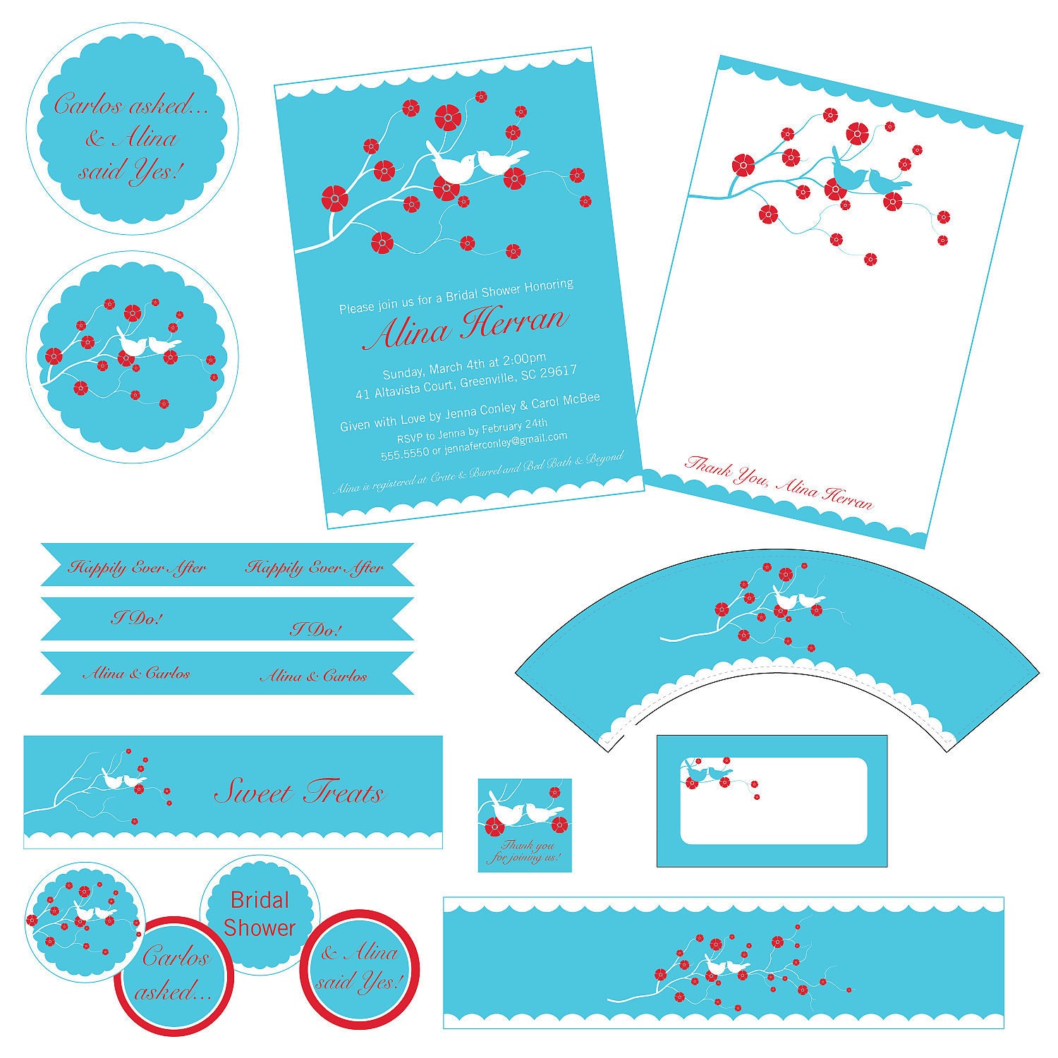 Bridal Shower Party Package Pack, Pick You Own Color Combo, Cherry Blossom Love Birds Invitation More, DIY Digital Files CUSTOM