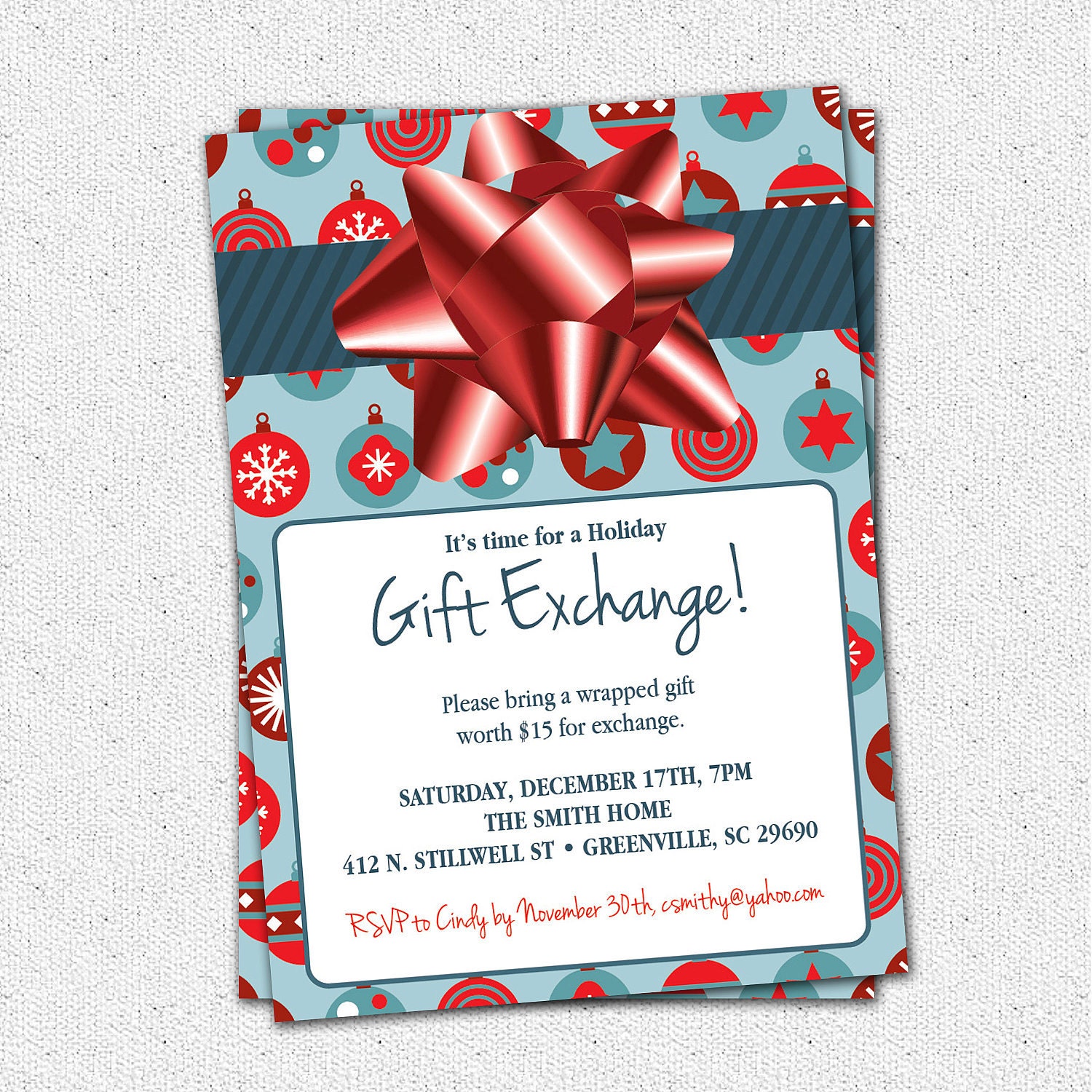 Items similar to Christmas Holiday Gift Exchange Party Invitation Blue or Green with Red Wrapped 