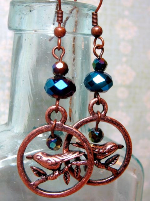 Bird Earrings with Blue Faceted Glass Beads - Sweet