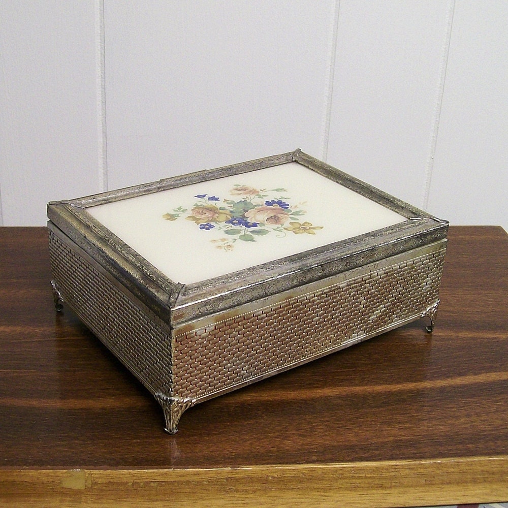 Vintage Metal Box with Mirror and Flowers