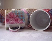 1970s patchwork coffee cup mug teacup - set of 18 - blue pink cherry red gold white japan