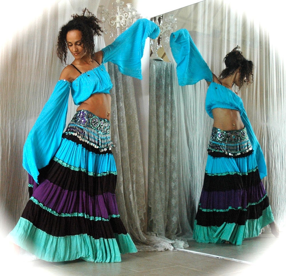 Belly dance Costume set TALIKA - turquoise black purple aqua Gypsy style costume - full skirt with beaded belt and matching top