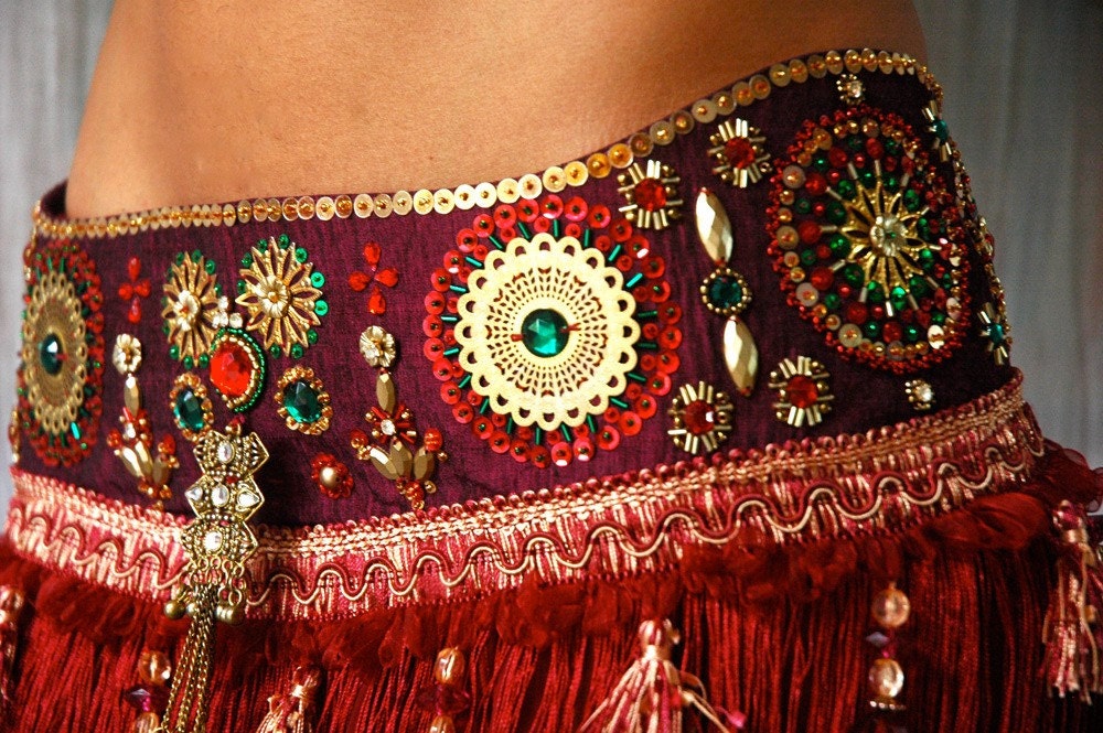 Perfectly Beautiful Belly Dance belt beaded sequined in maroon gold green and red