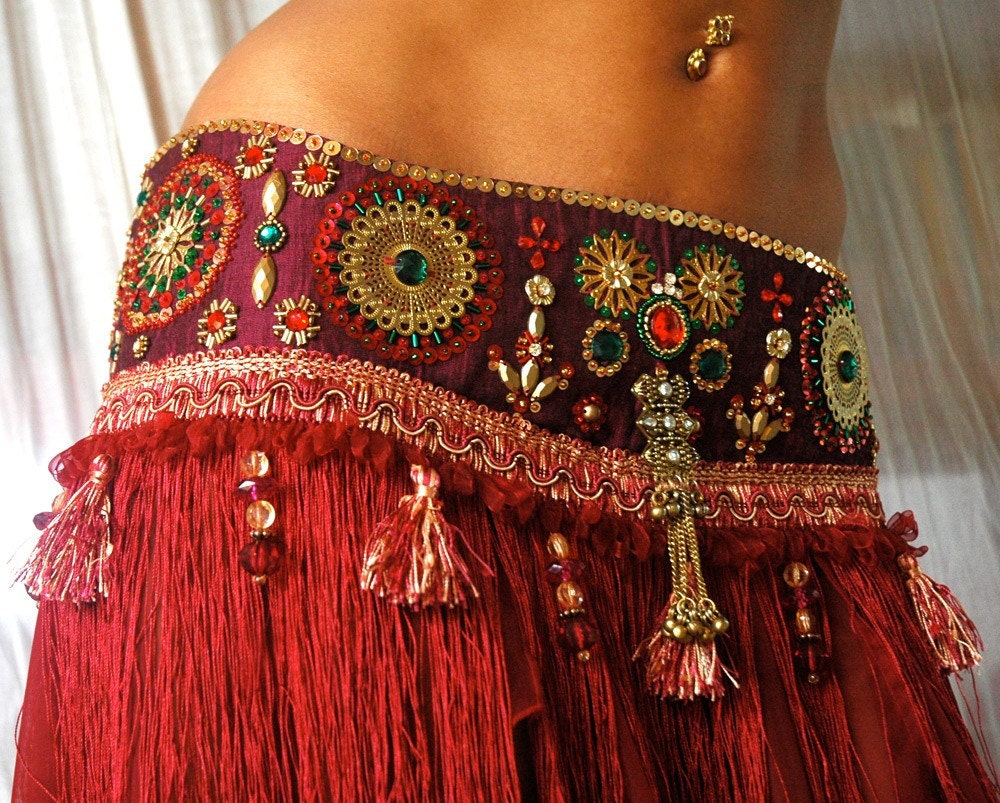 Perfectly Beautiful Belly Dance belt beaded sequined in maroon gold green and red
