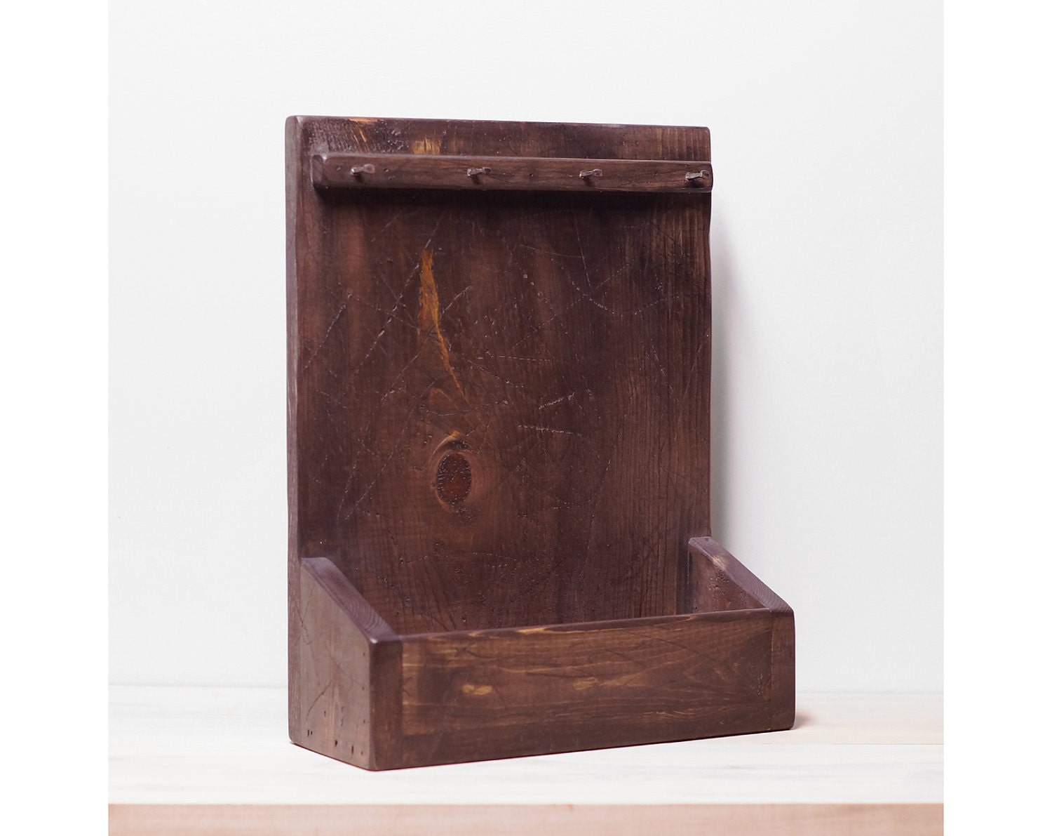 Mail Holder wiith Hooks for Keys Country Primitive Wood Distressed