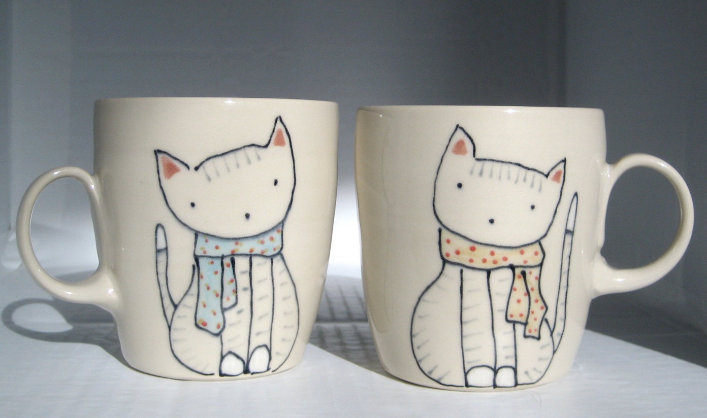Pair of Handmade Ceramic Cat and Scarf Mugs - Made to Order