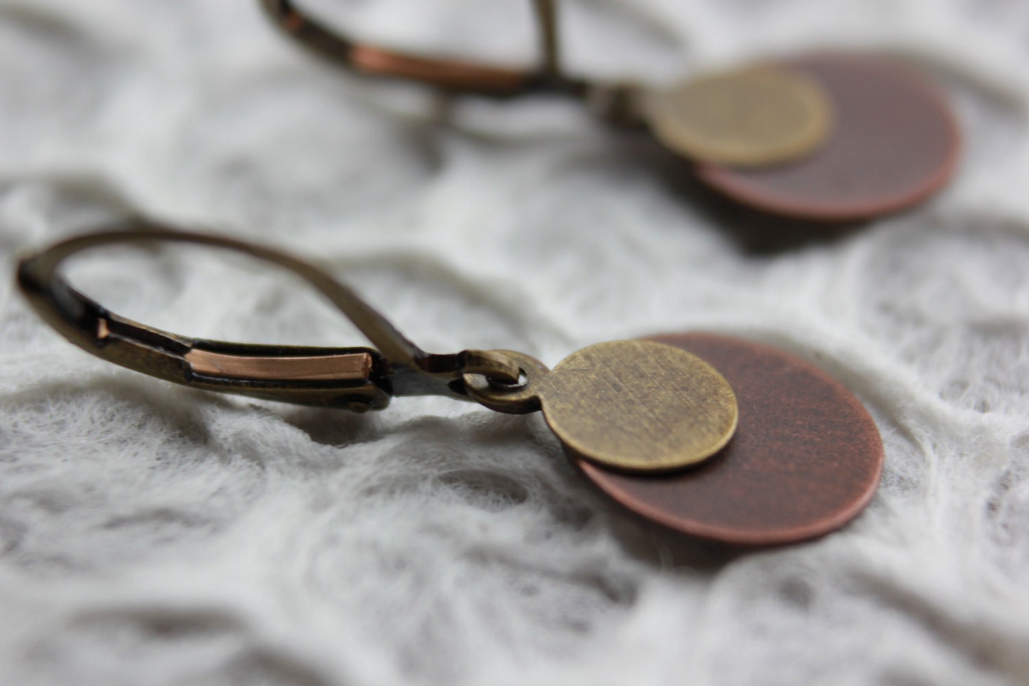 Small Circle Earrings Tags Antique Copper Brass Lever Backs Layered Discs Rounds Circles Tiny Delicate Dainty