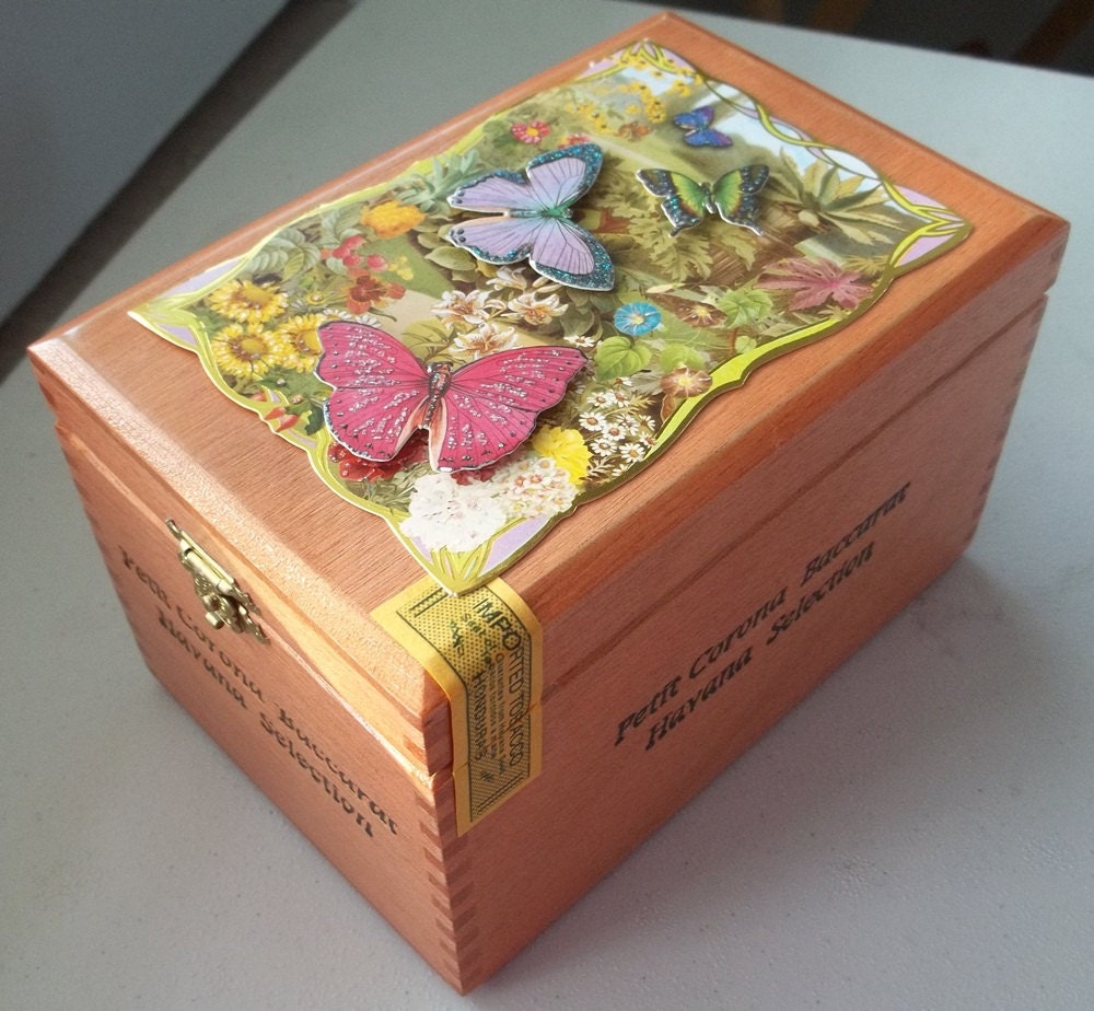 Upcycled cigar box art with beautiful 3 dimensional butterflies