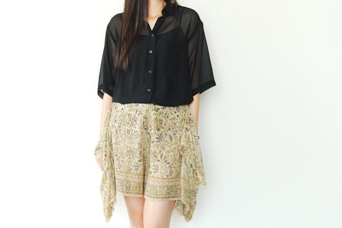 Vintage Sheer Black Button Up Blouse Short Sleeves