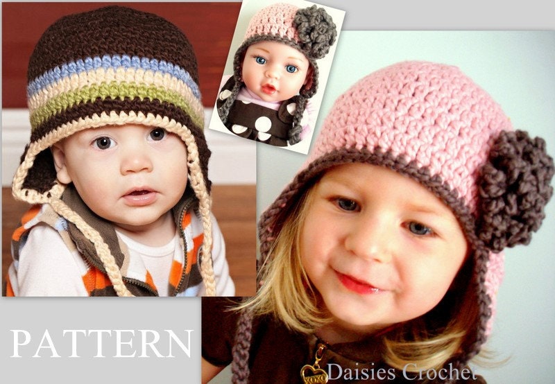 Doll and Me. Pattern pdf. Stripes for Everybody earflap hat. 6 sizes. (014)