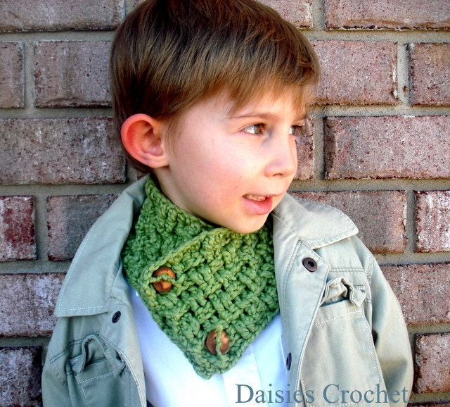 Boy Girl Unisex Neckwarmer, Childs Scarf, Organic Cotton Cowl, Natural Wooden Buttons Size 1 Gift under 35 Birthday present
