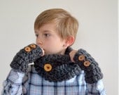 Children Cowl and Fingerless gloves set Child preteen size. Soft Wool Neckwarmer and gloves with wooden buttons, Gift under50