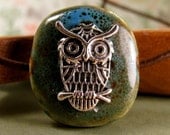 Silver Owl and Marine Green Pendant Necklace