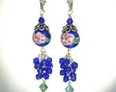 Long and Dangly, Hand Painted, Pink and Green Flowers, Sterling Silver Earrings
