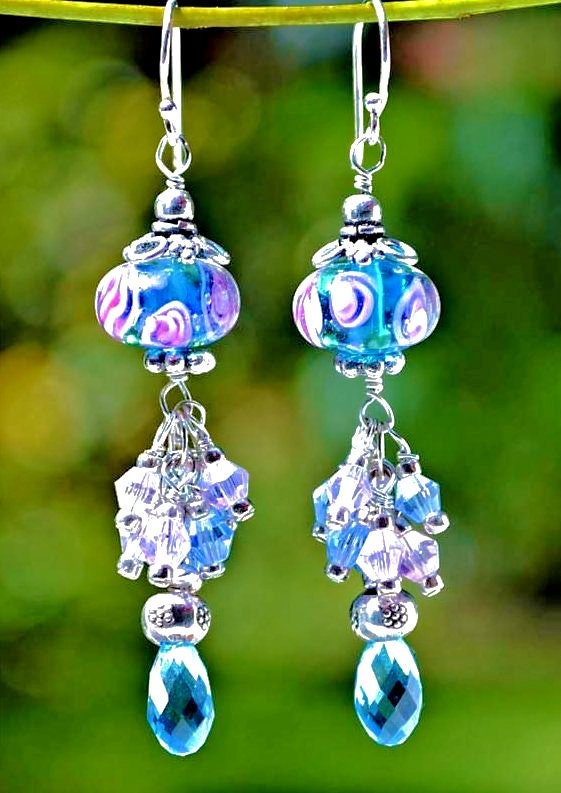 Lampwork, Sterling Silver, Pink and Blue, Dangling Swarovski Earrings