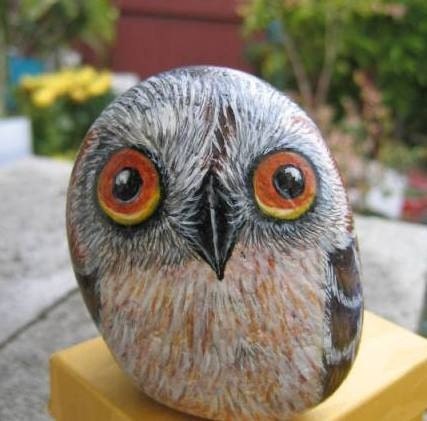Hand Painted 3D Owl pet Rock River rock art home garden decor paperweight