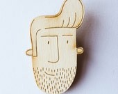 Wooden Beard and Quiff Brooch