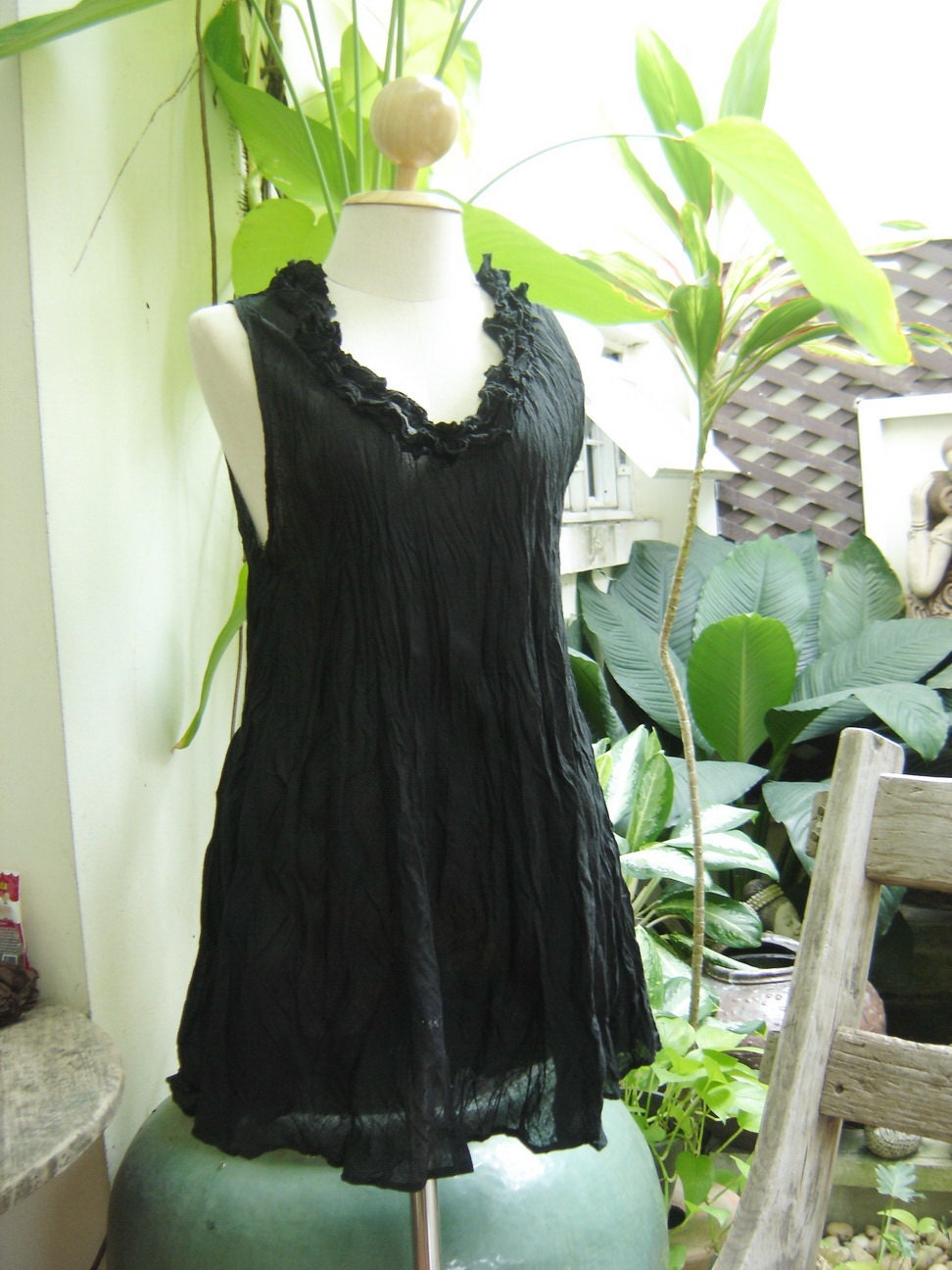 Scoop Frills Neckline Cotton Top - Black