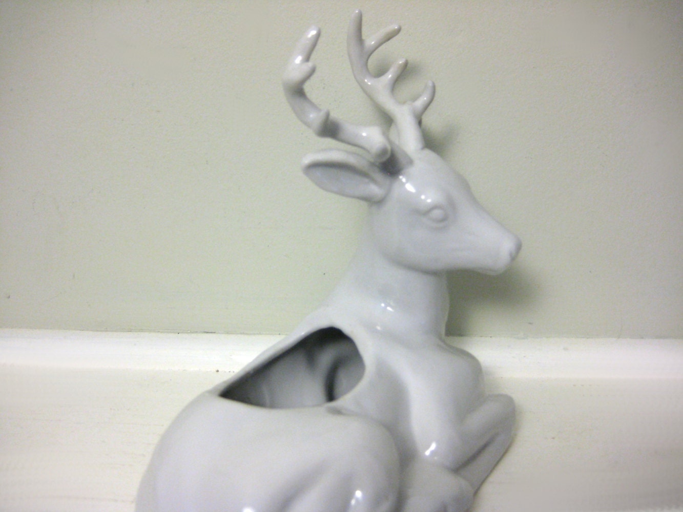 Vintage White Ceramic Deer Planter, White Deer Figurine, 8-Point Buck with Antlers, Woodland Figure, Glossy White Library Decor
