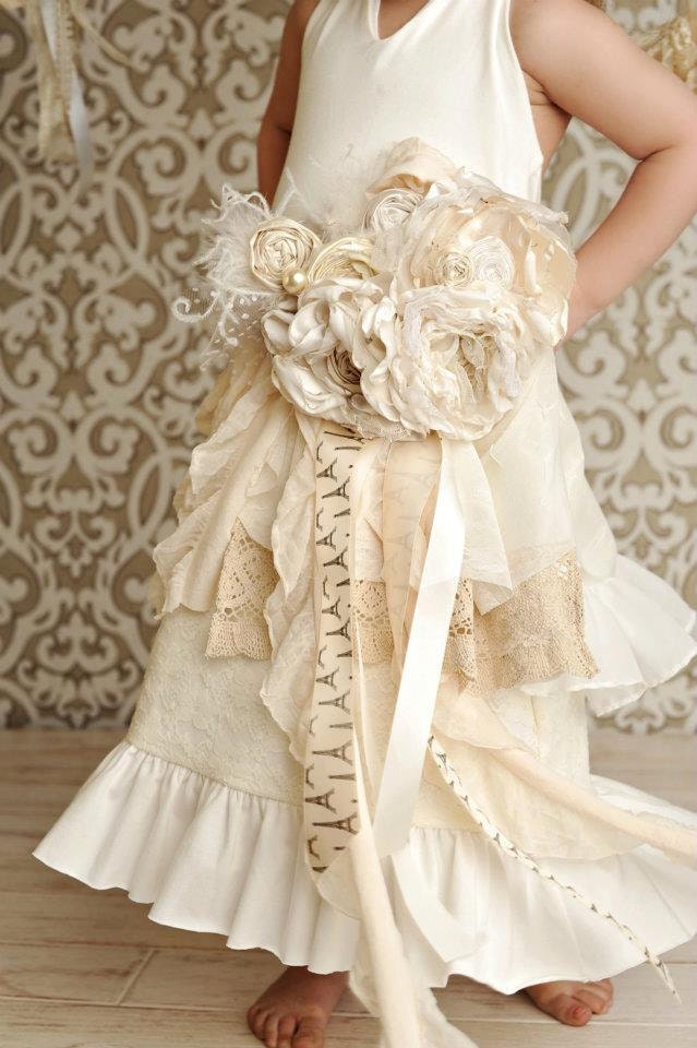 Ivory lace vintage shabby chic sash with ruffles