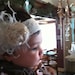 Ivory rosette vintage headband with ivory feathers and lace blessing christening sale