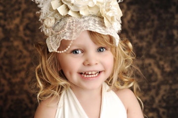 Ivory Lace Birthday Crown Bonnet with pearls flowers and pearls