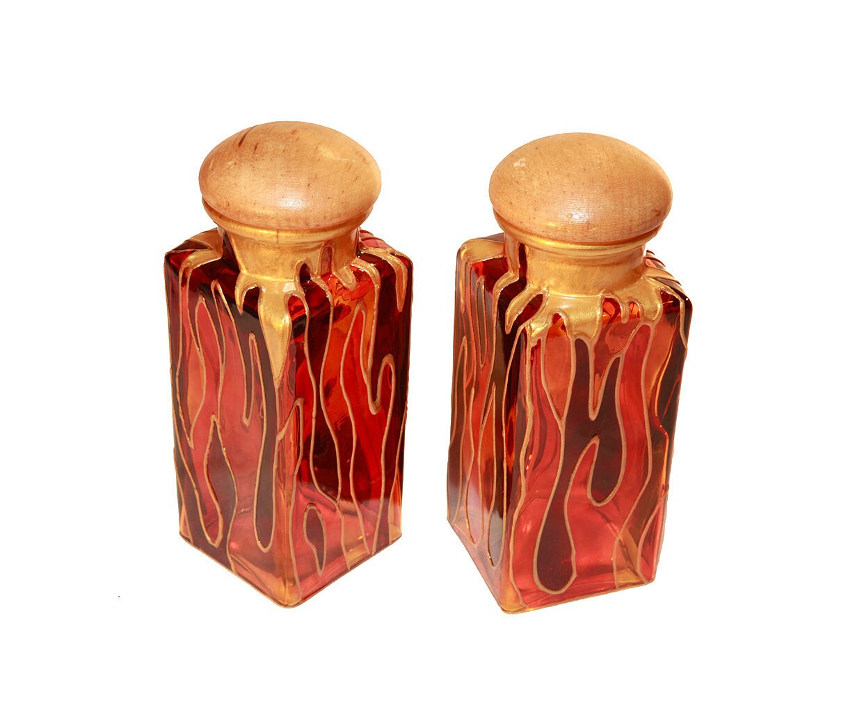 Hand Painted Spice Bottle With Flames- Decorative Glass Art