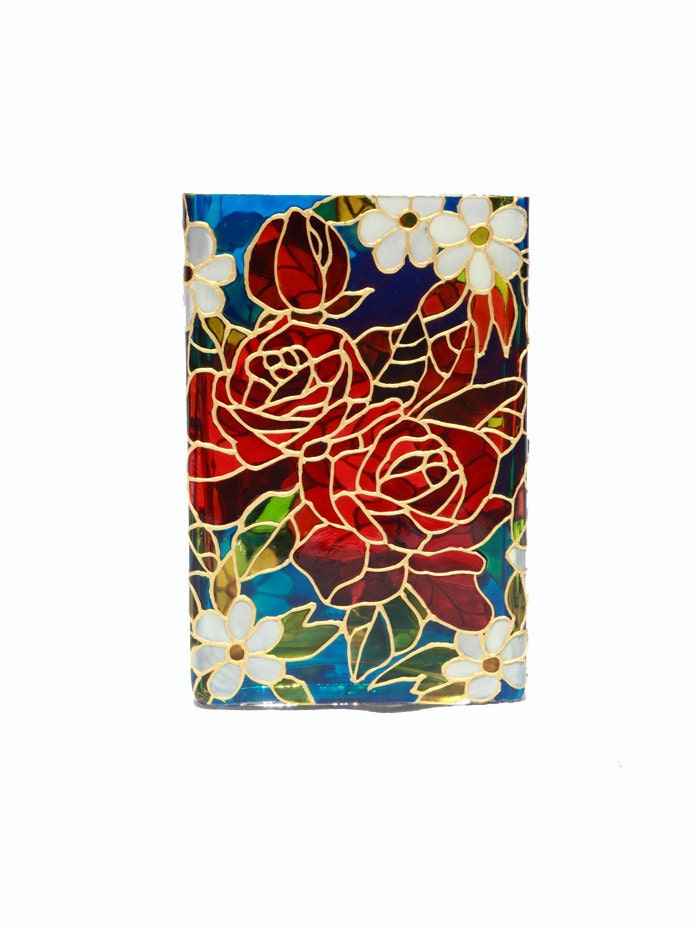 Hand Painted Glass Vase candle holder stained glass floral design botanical  red rose white cobalt blue  green spring  Decorative Art