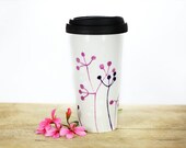 Eco friendly Hand Painted Ceramic Travel Mug - Silicone Black Lid Botanical minimalist modern Abstract pink purple white Queen Anne's Lace